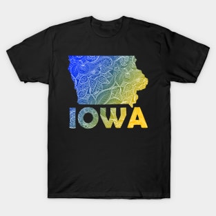 Colorful mandala art map of Iowa with text in blue and yellow T-Shirt